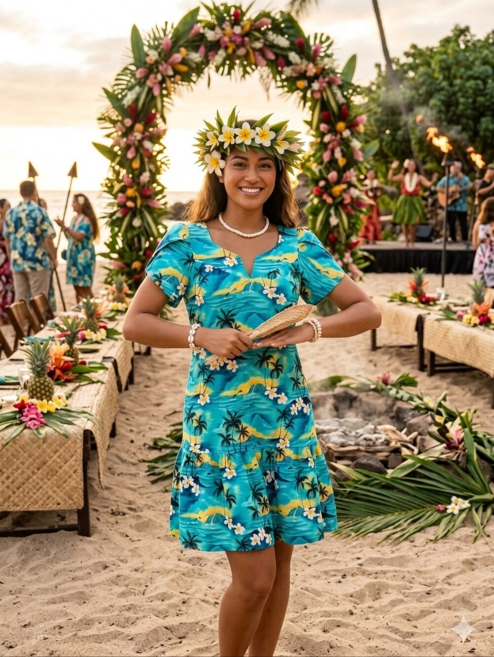 Winnie Fashion Women's Size S Hawaiian Tropical Sunset Print Teal Dress